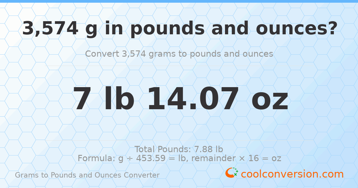 3574 g to lb and oz — 3574 g = 7 lb 14.07 oz