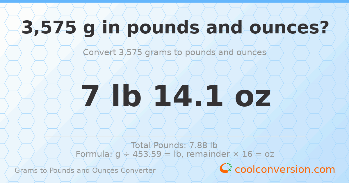 3575 g to lb and oz — 3575 g = 7 lb 14.1 oz