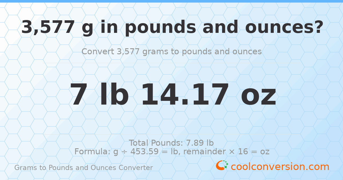3577 g to lb and oz — 3577 g = 7 lb 14.17 oz