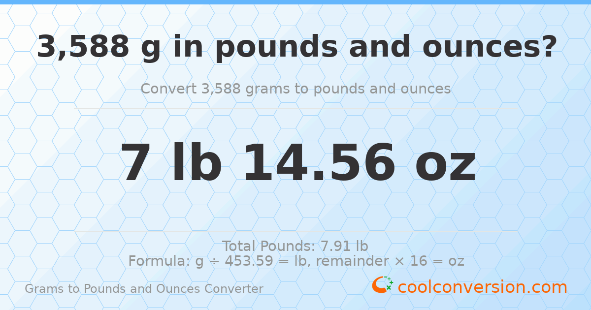 3588 g to lb and oz — 3588 g = 7 lb 14.56 oz