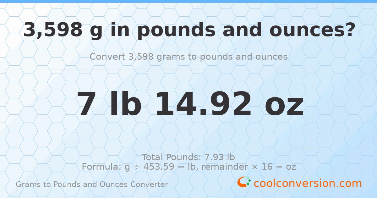 3598 g to lb and oz — 3598 g = 7 lb 14.92 oz