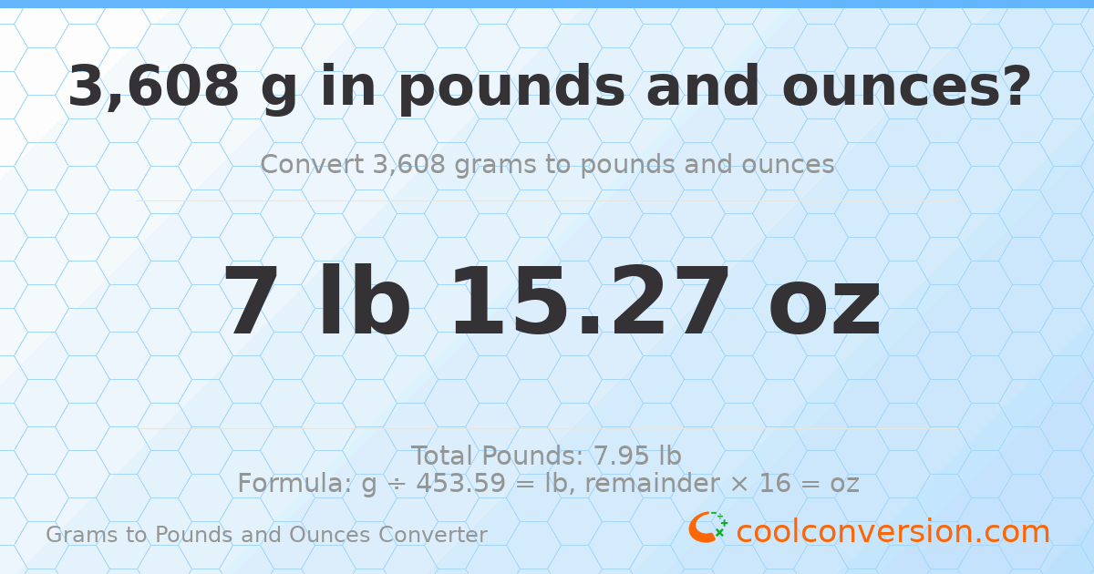 3608 g to lb and oz — 3608 g = 7 lb 15.27 oz