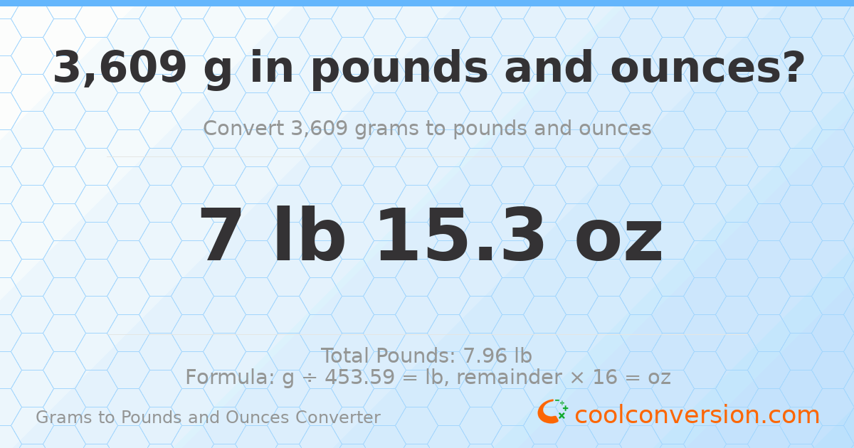 3609 g to lb and oz — 3609 g = 7 lb 15.3 oz