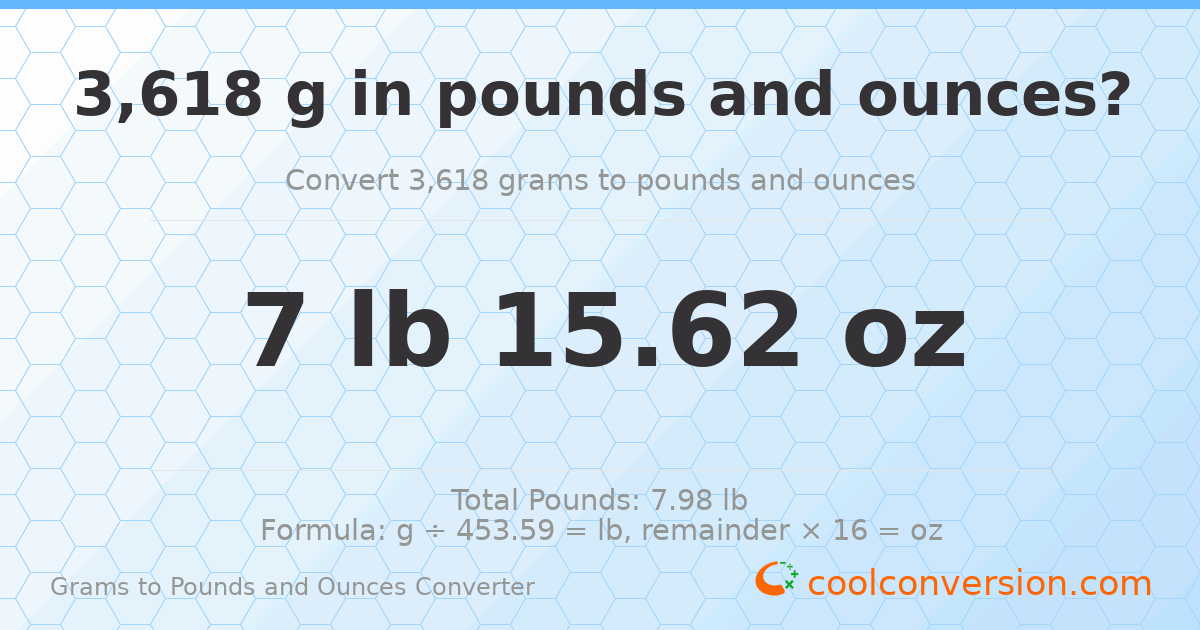 3618 g to lb and oz — 3618 g = 7 lb 15.62 oz