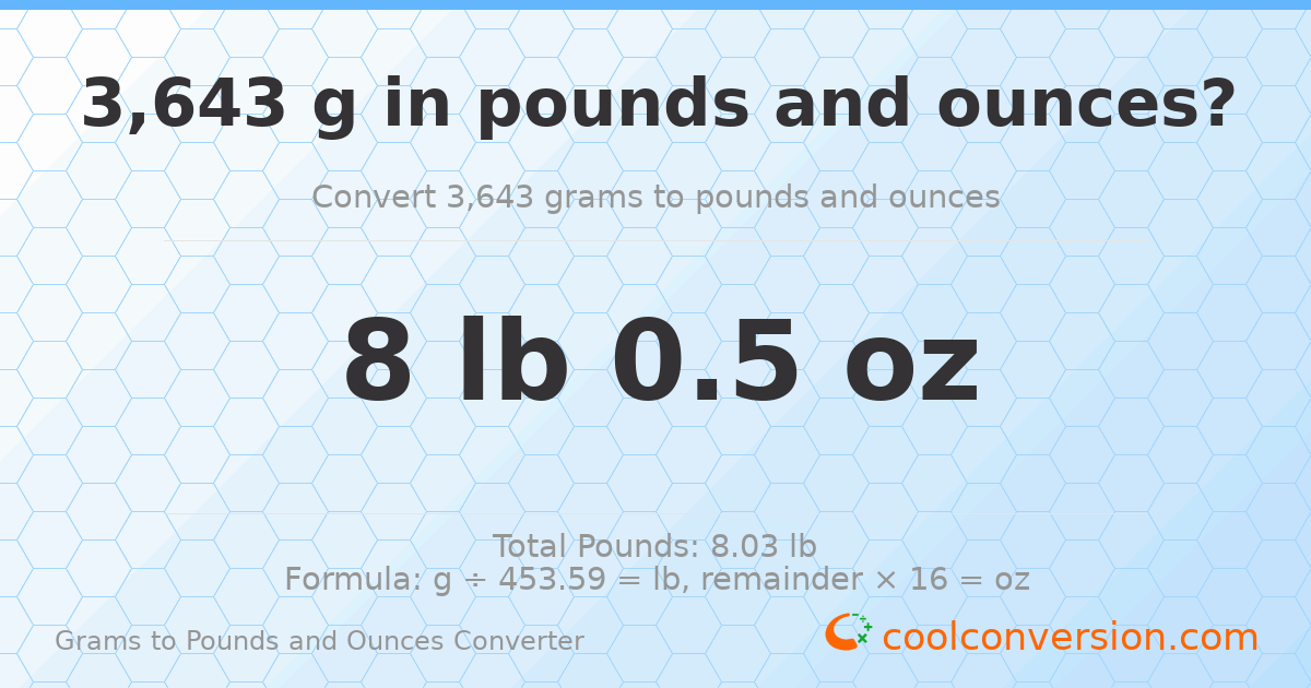 3643 g to lb and oz — 3643 g = 8 lb 0.5 oz