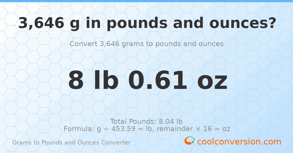 3646 g to lb and oz — 3646 g = 8 lb 0.61 oz