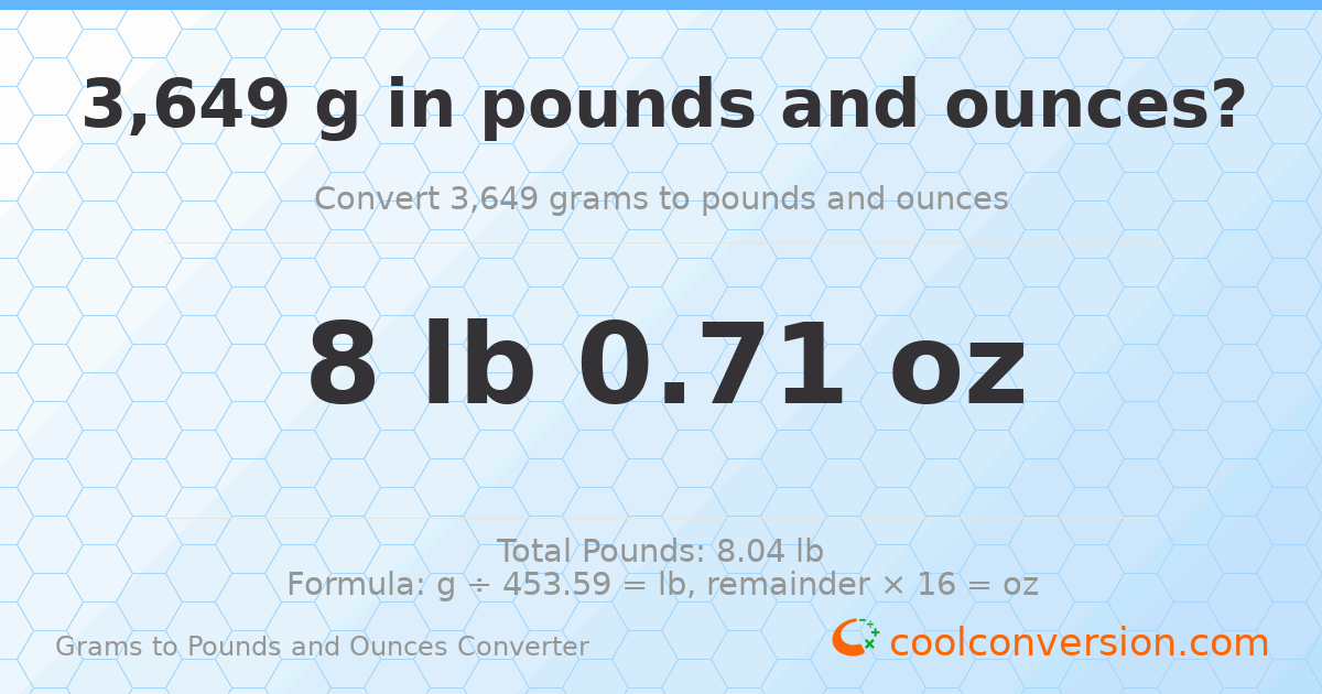 3649 g to lb and oz — 3649 g = 8 lb 0.71 oz