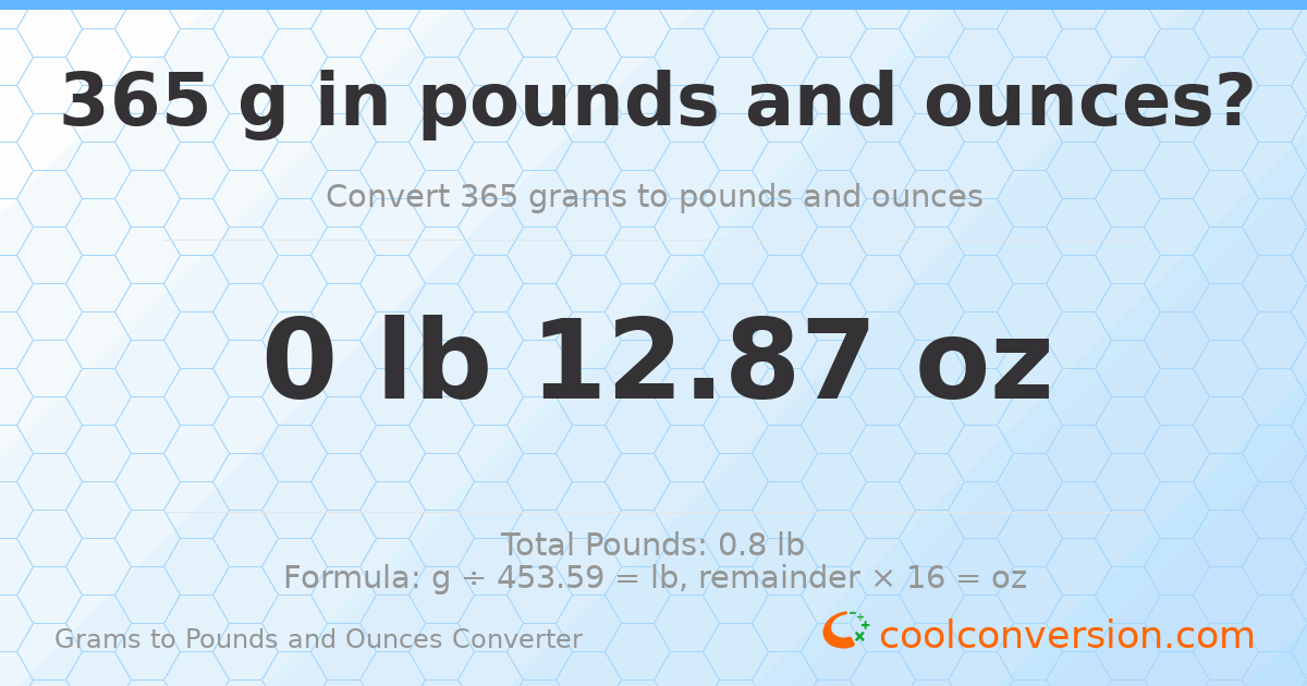 365 g to lb and oz — 365 g = 0 lb 12.87 oz