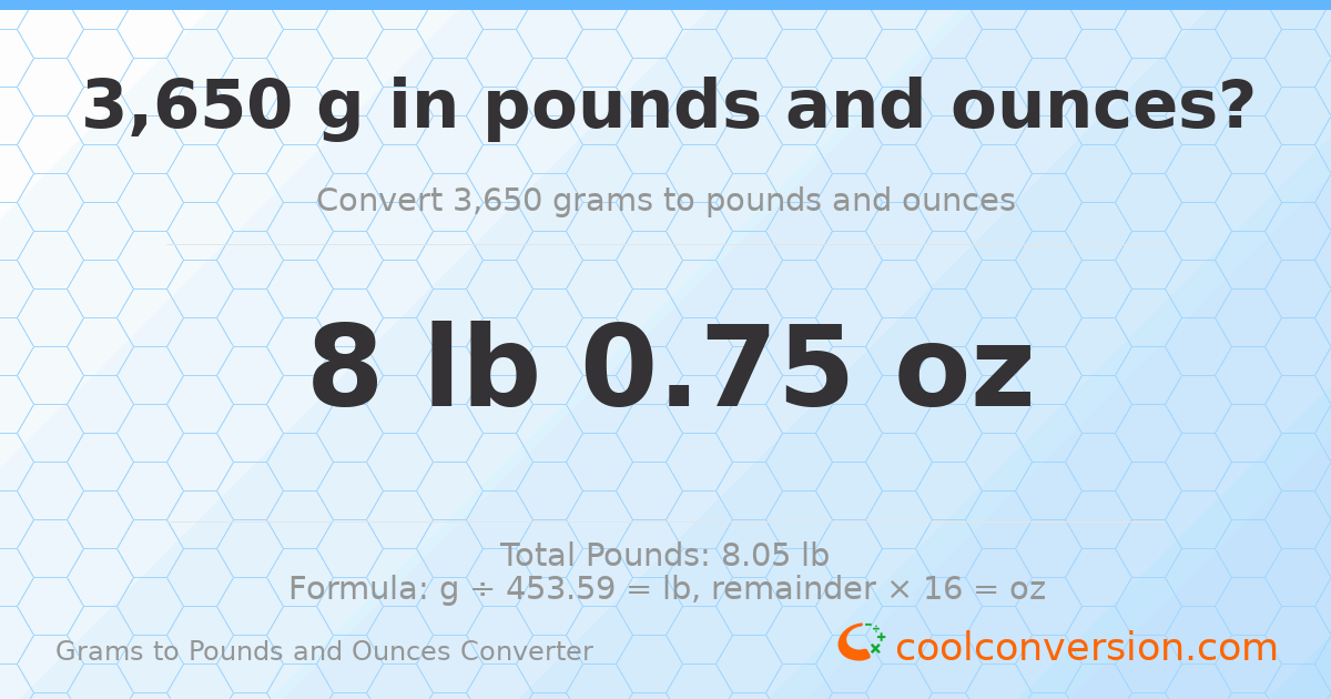 3650 g to lb and oz — 3650 g = 8 lb 0.75 oz