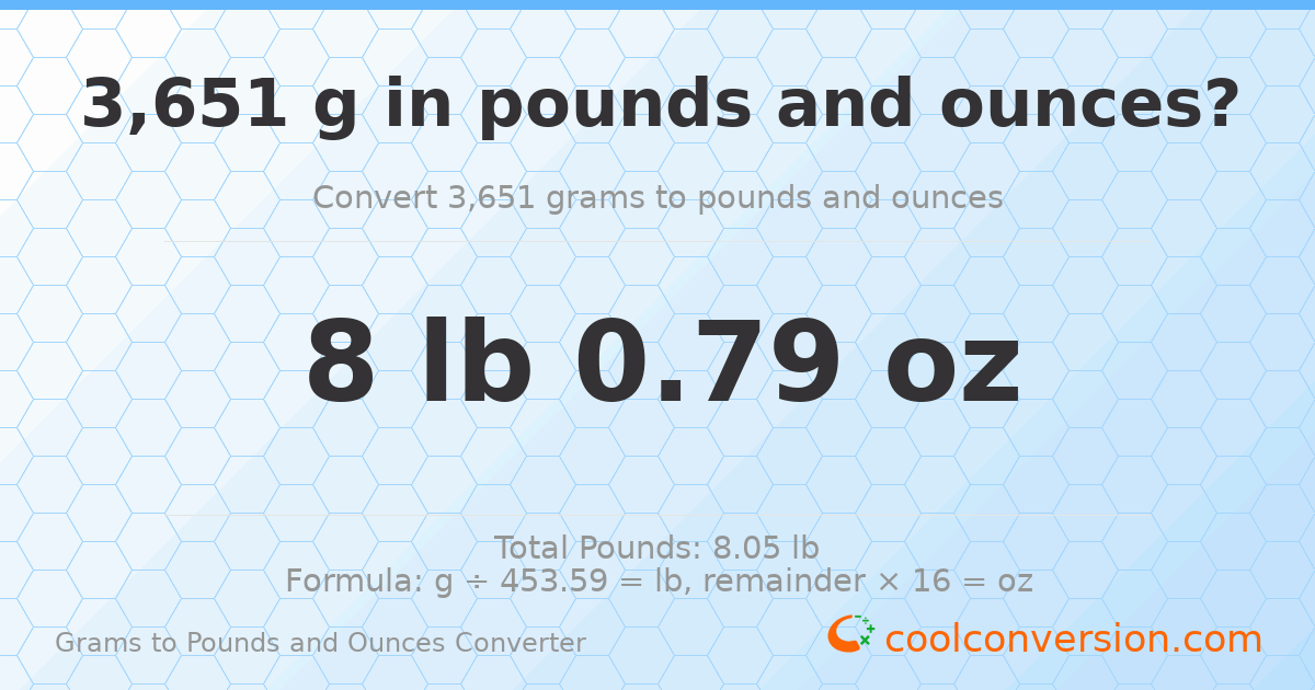 3651 g to lb and oz — 3651 g = 8 lb 0.79 oz