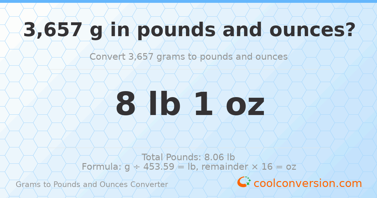 3657 g to lb and oz — 3657 g = 8 lb 1 oz