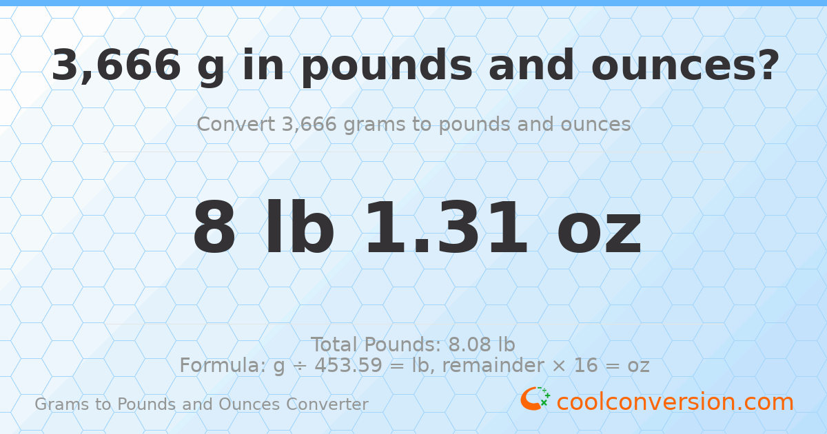 3666 g to lb and oz — 3666 g = 8 lb 1.31 oz