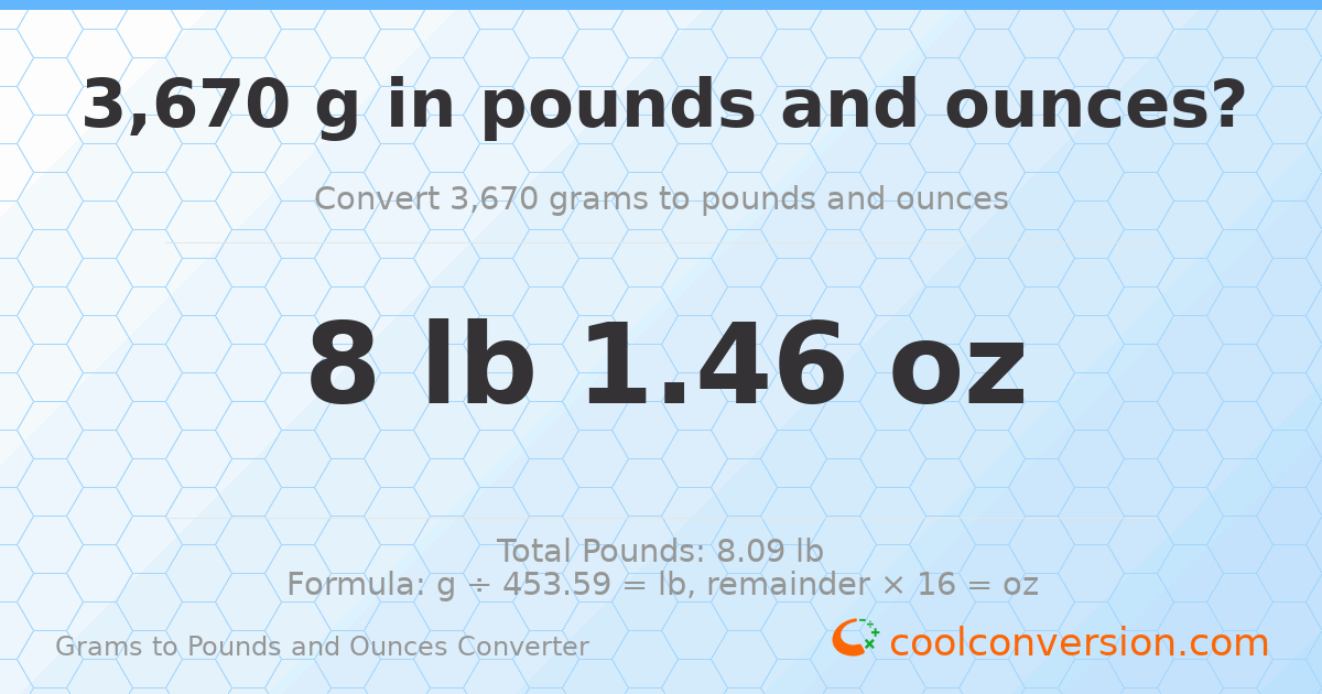 3670 g to lb and oz — 3670 g = 8 lb 1.46 oz