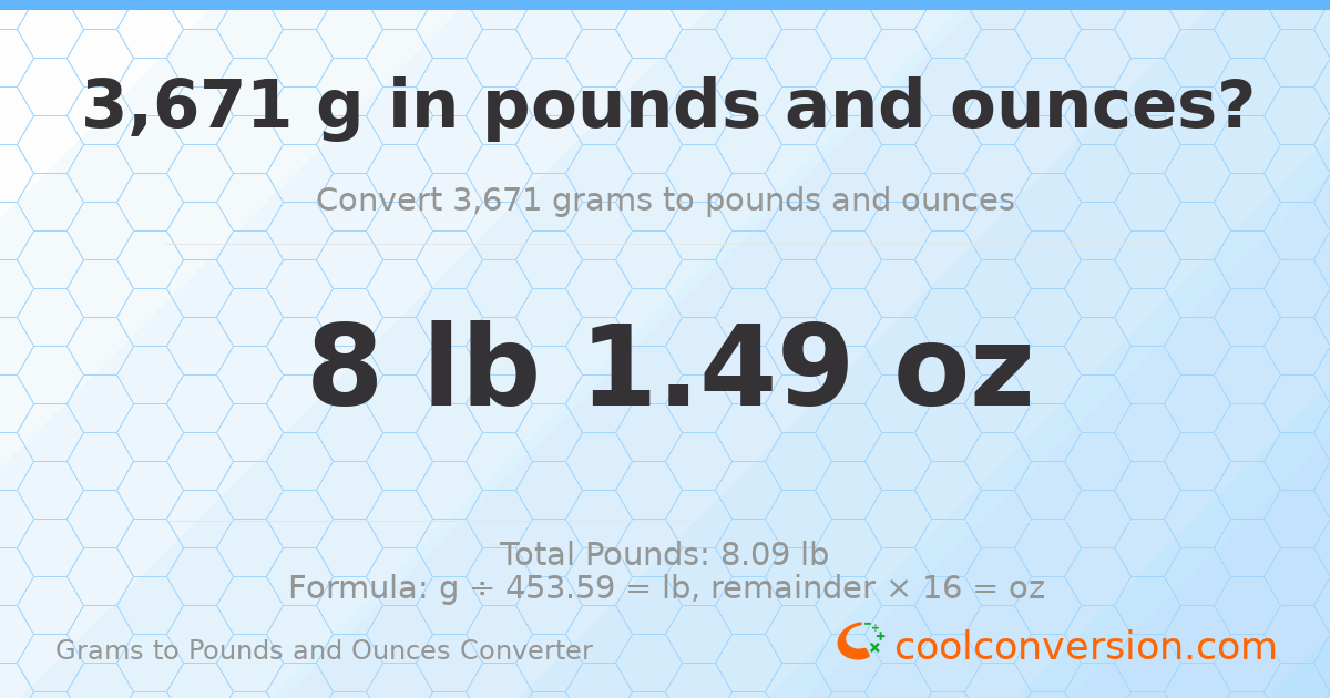 3671 g to lb and oz — 3671 g = 8 lb 1.49 oz