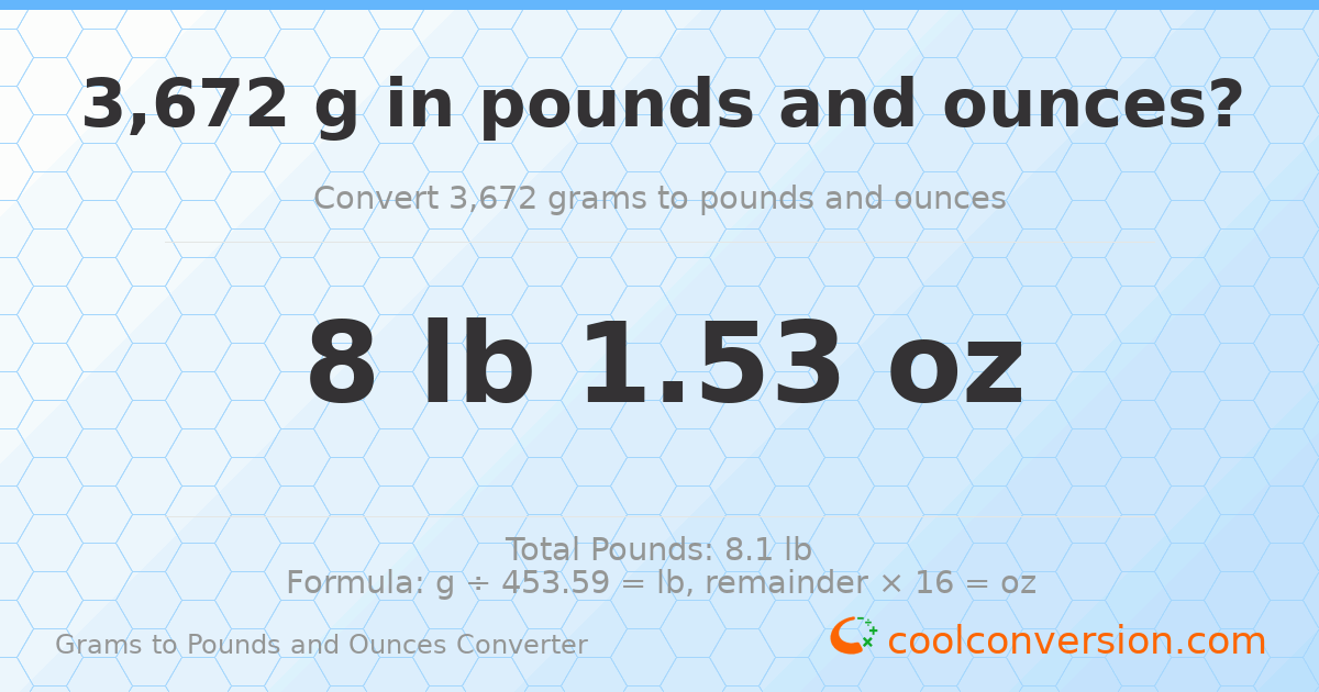 3672 g to lb and oz — 3672 g = 8 lb 1.53 oz