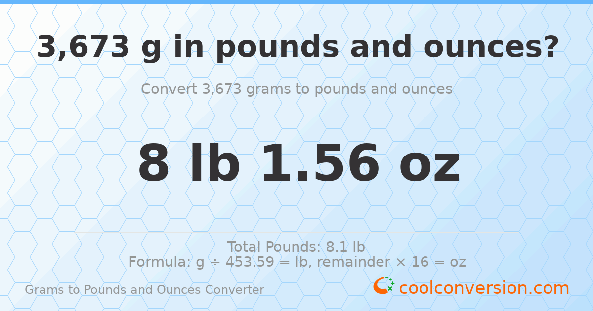 3673 g to lb and oz — 3673 g = 8 lb 1.56 oz