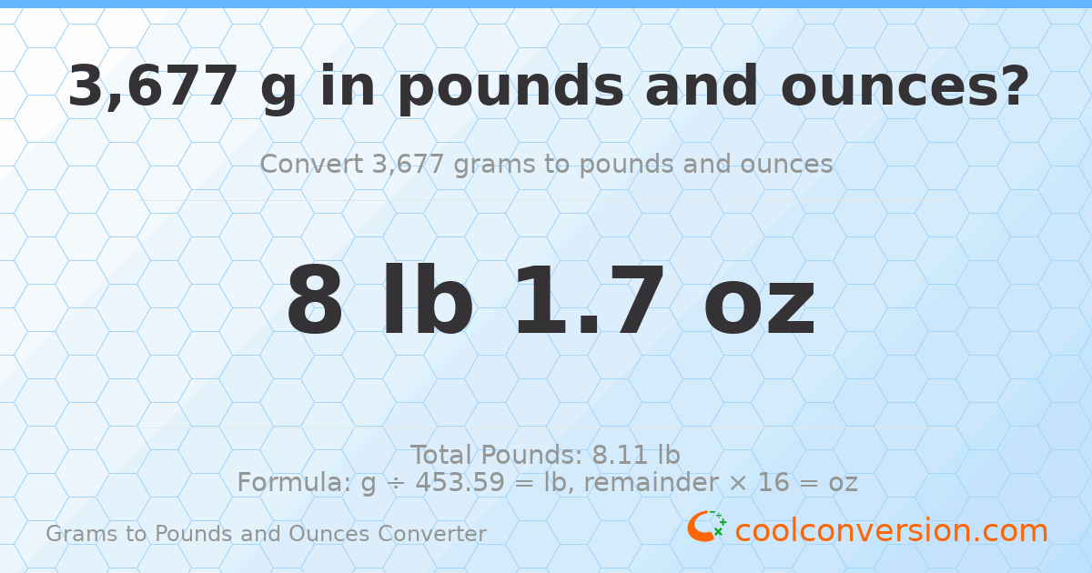 3677 g to lb and oz — 3677 g = 8 lb 1.7 oz