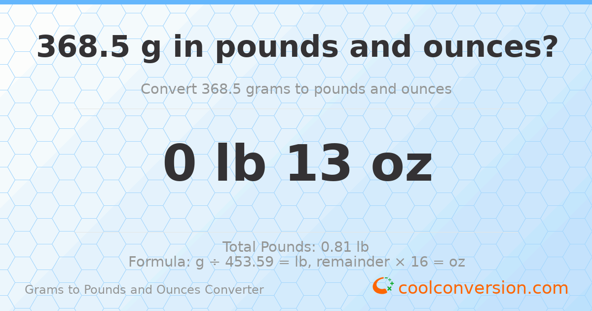 368.5 g to lb and oz — 368.5 g = 0 lb 13 oz