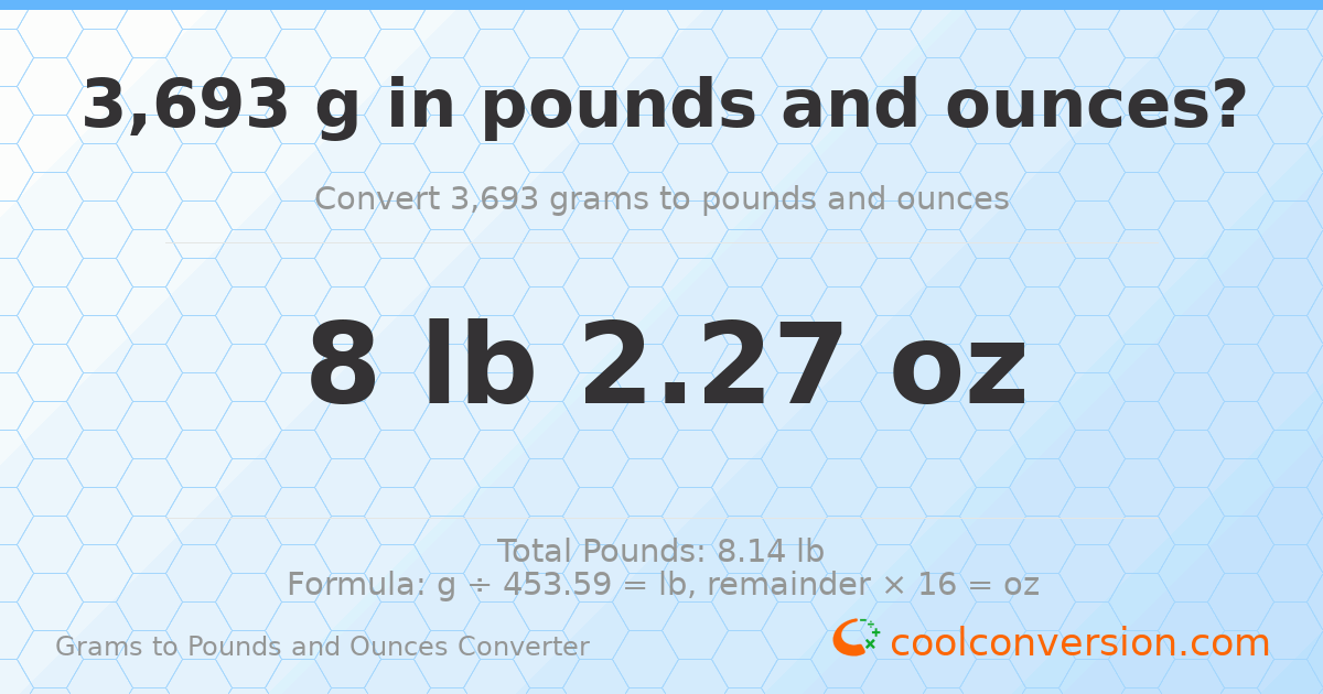 3693 g to lb and oz — 3693 g = 8 lb 2.27 oz