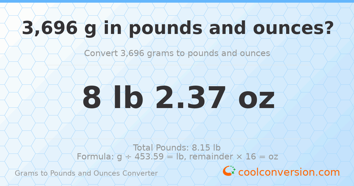 3696 g to lb and oz — 3696 g = 8 lb 2.37 oz