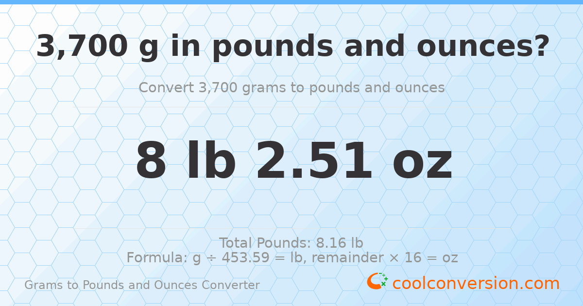 3700 g to lb and oz — 3700 g = 8 lb 2.51 oz