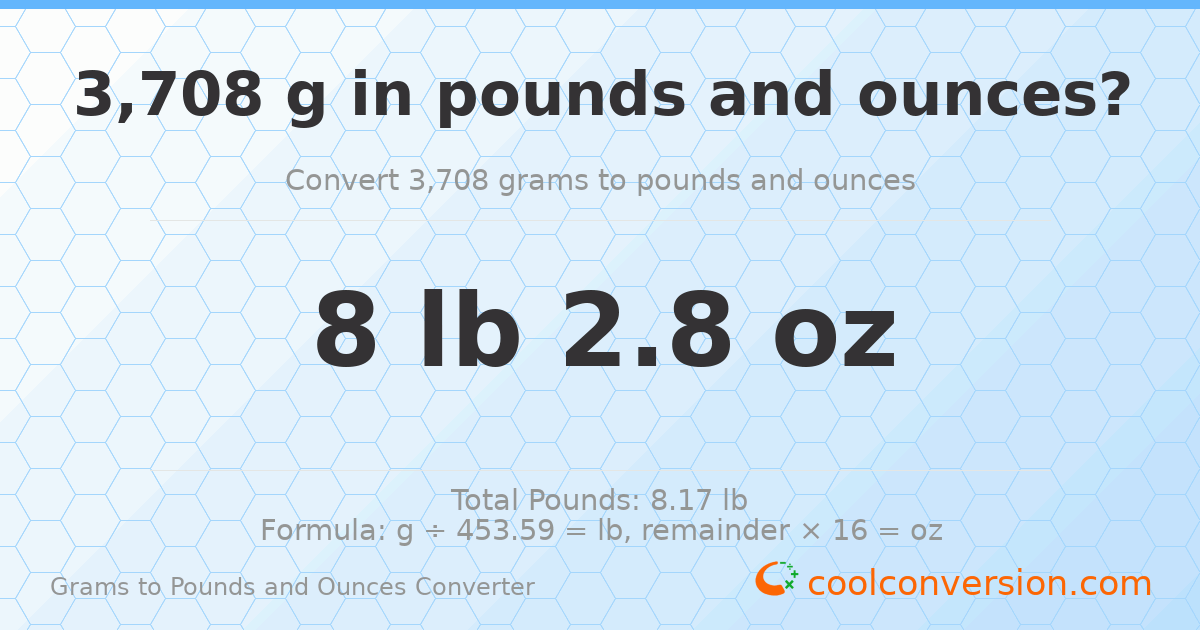 3708 g to lb and oz — 3708 g = 8 lb 2.8 oz