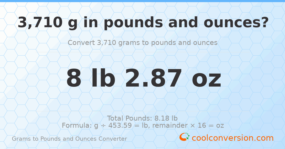 3710 g to lb and oz — 3710 g = 8 lb 2.87 oz