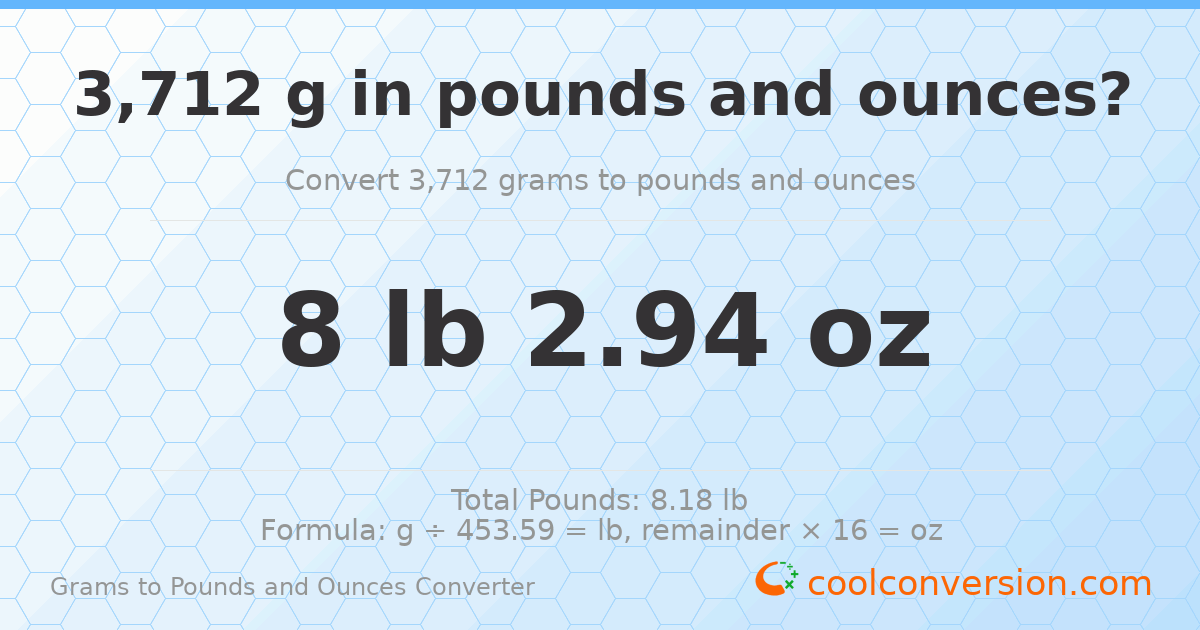 3712 g to lb and oz — 3712 g = 8 lb 2.94 oz