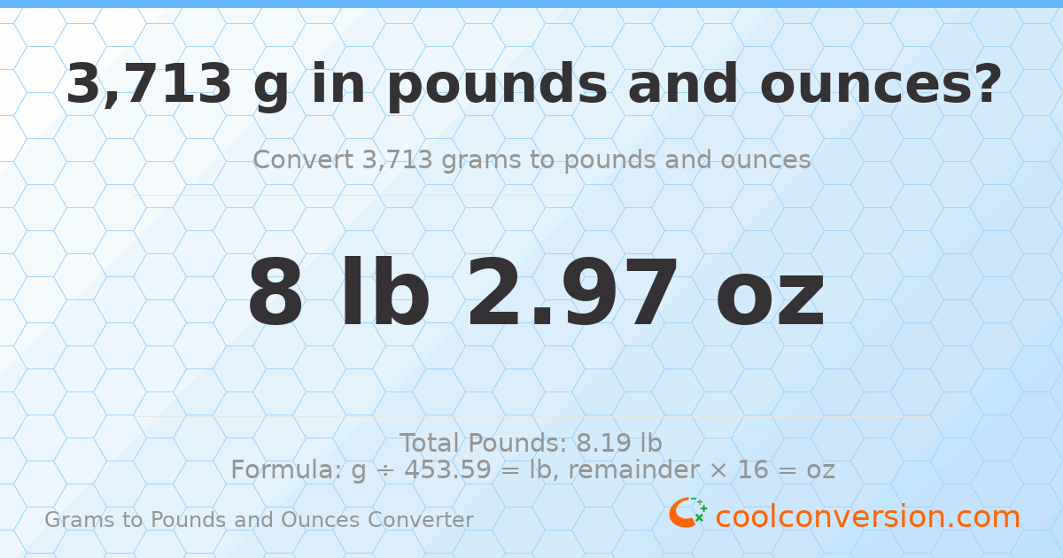 3713 g to lb and oz — 3713 g = 8 lb 2.97 oz
