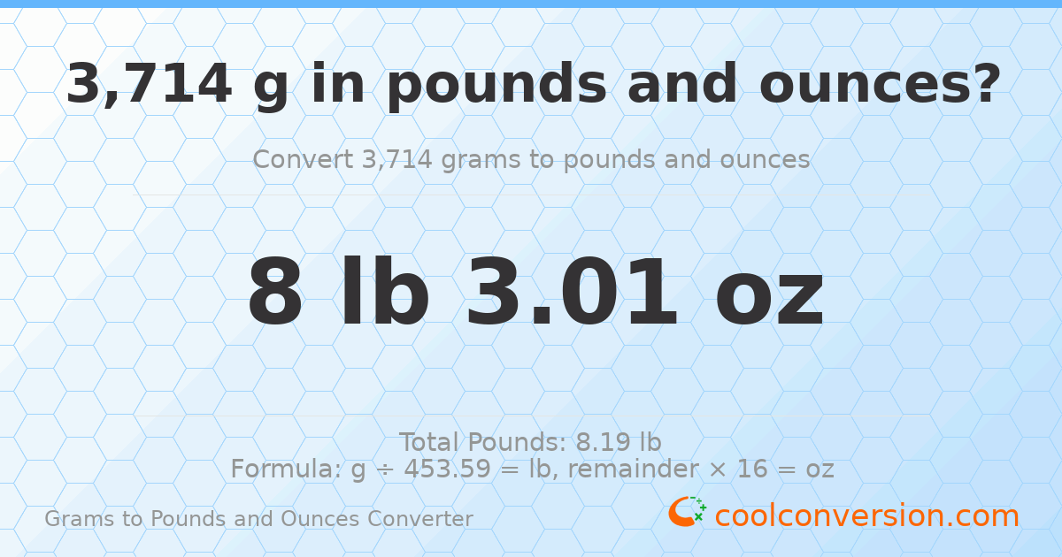 3714 g to lb and oz — 3714 g = 8 lb 3.01 oz