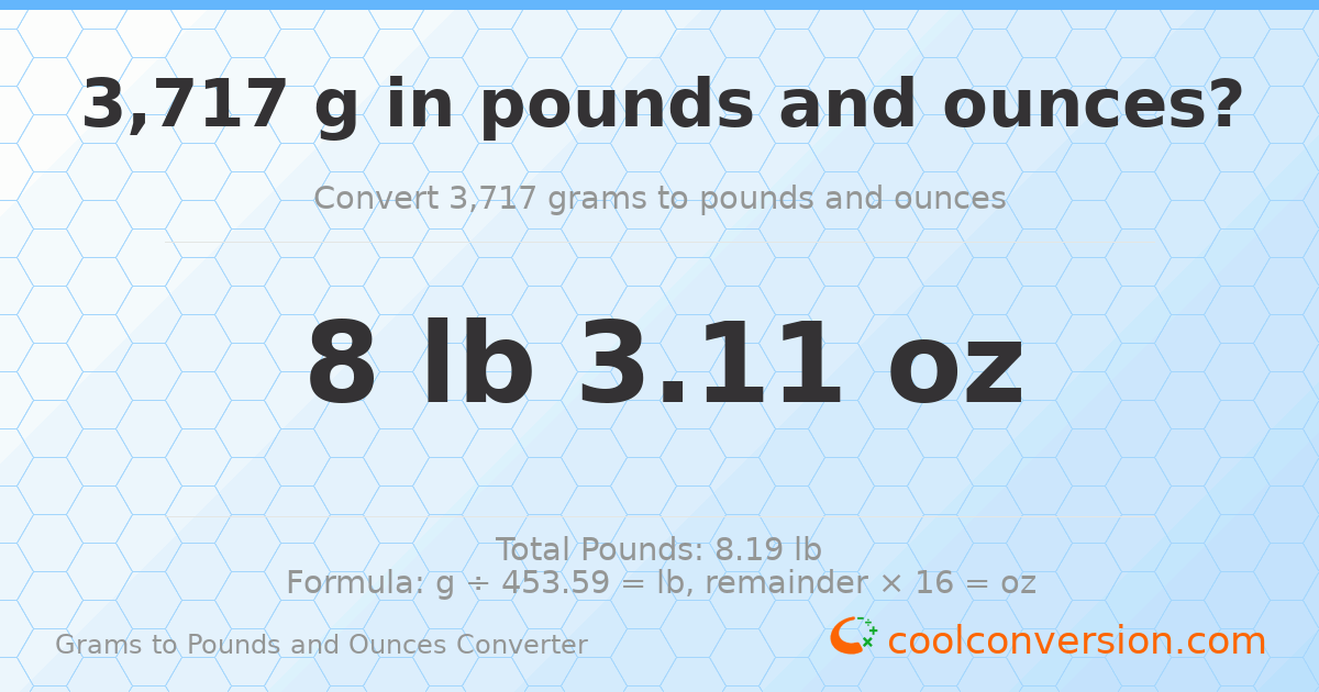 3717 g to lb and oz — 3717 g = 8 lb 3.11 oz