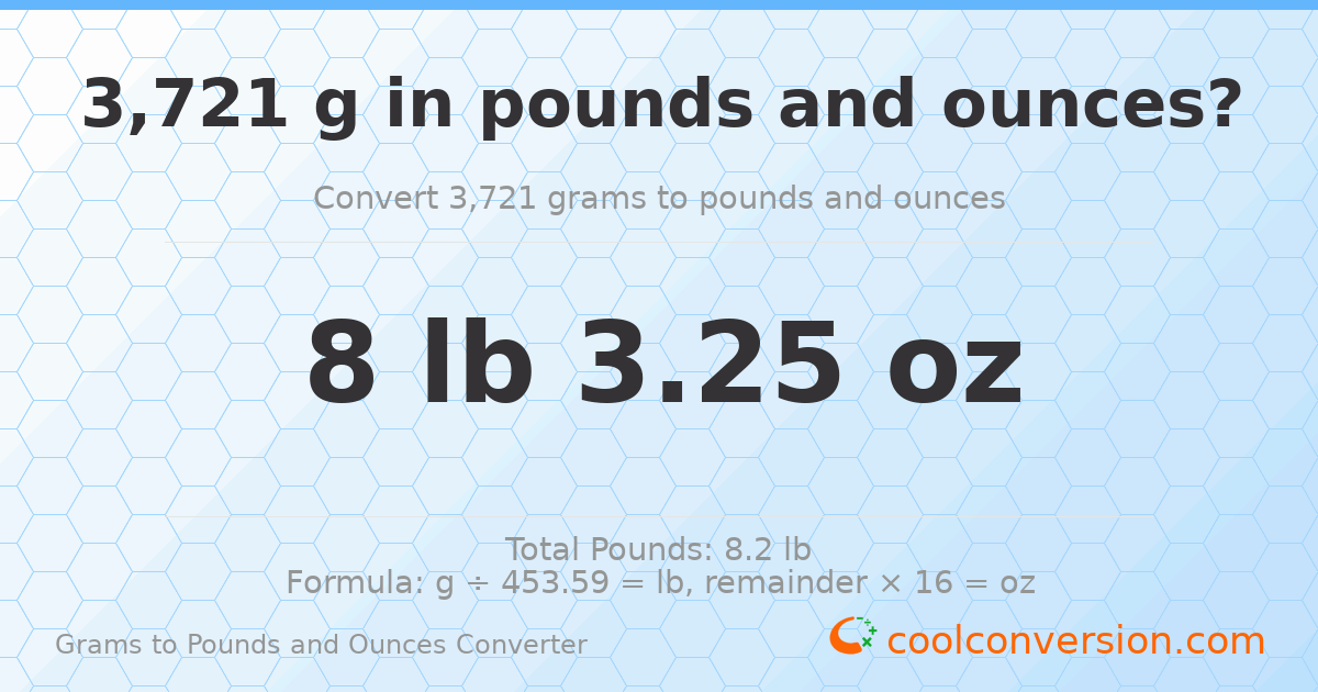 3721 g to lb and oz — 3721 g = 8 lb 3.25 oz