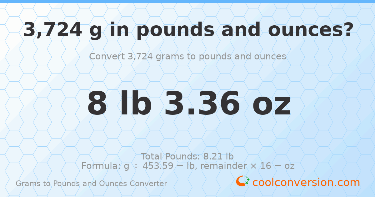 3724 g to lb and oz — 3724 g = 8 lb 3.36 oz