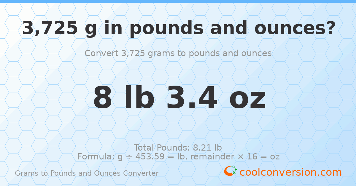 3725 g to lb and oz — 3725 g = 8 lb 3.4 oz