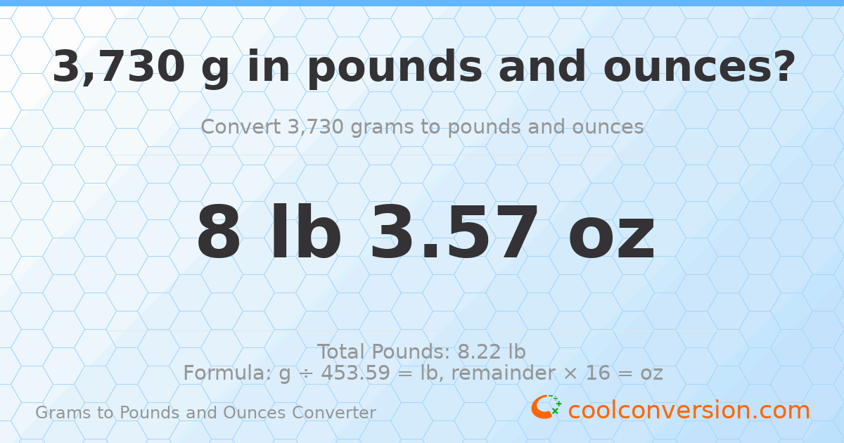 3730 g to lb and oz — 3730 g = 8 lb 3.57 oz