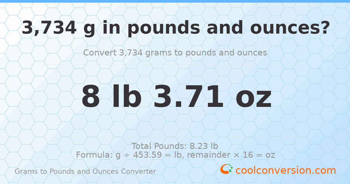 3734 g to lb and oz — 3734 g = 8 lb 3.71 oz