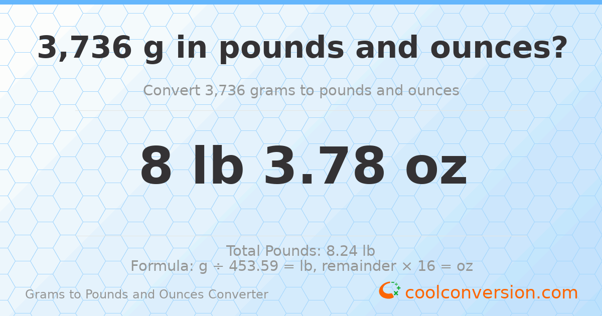 3736 g to lb and oz — 3736 g = 8 lb 3.78 oz