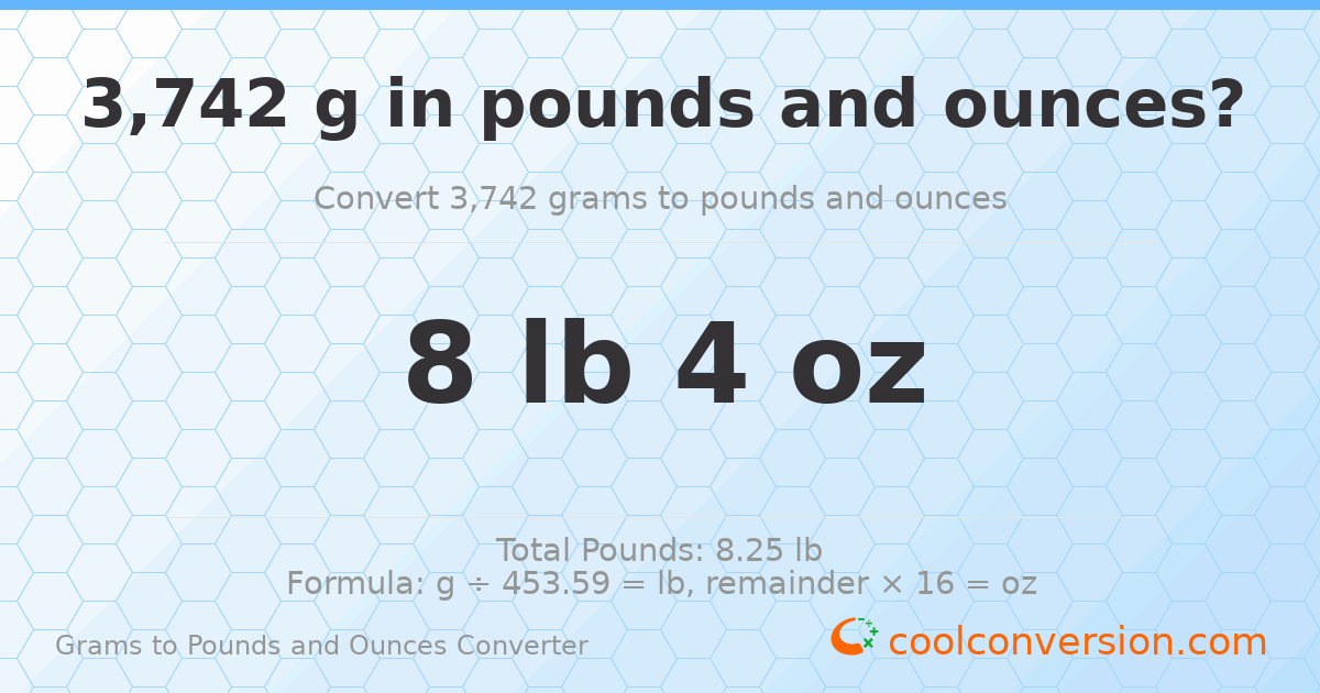 3742 g to lb and oz — 3742 g = 8 lb 4 oz