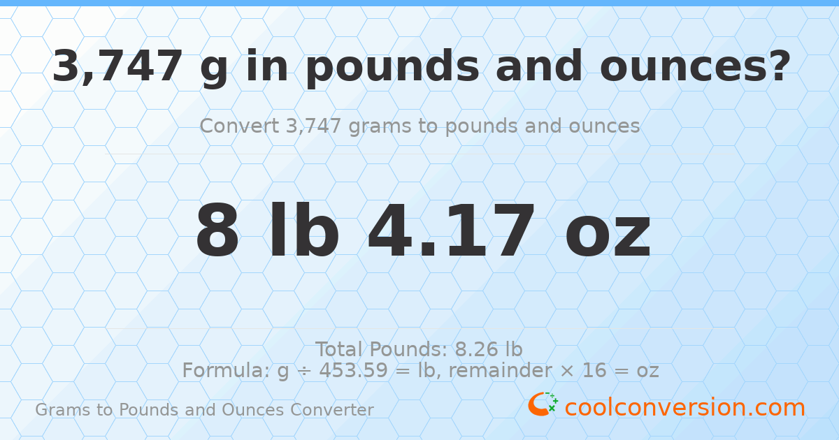 3747 g to lb and oz — 3747 g = 8 lb 4.17 oz