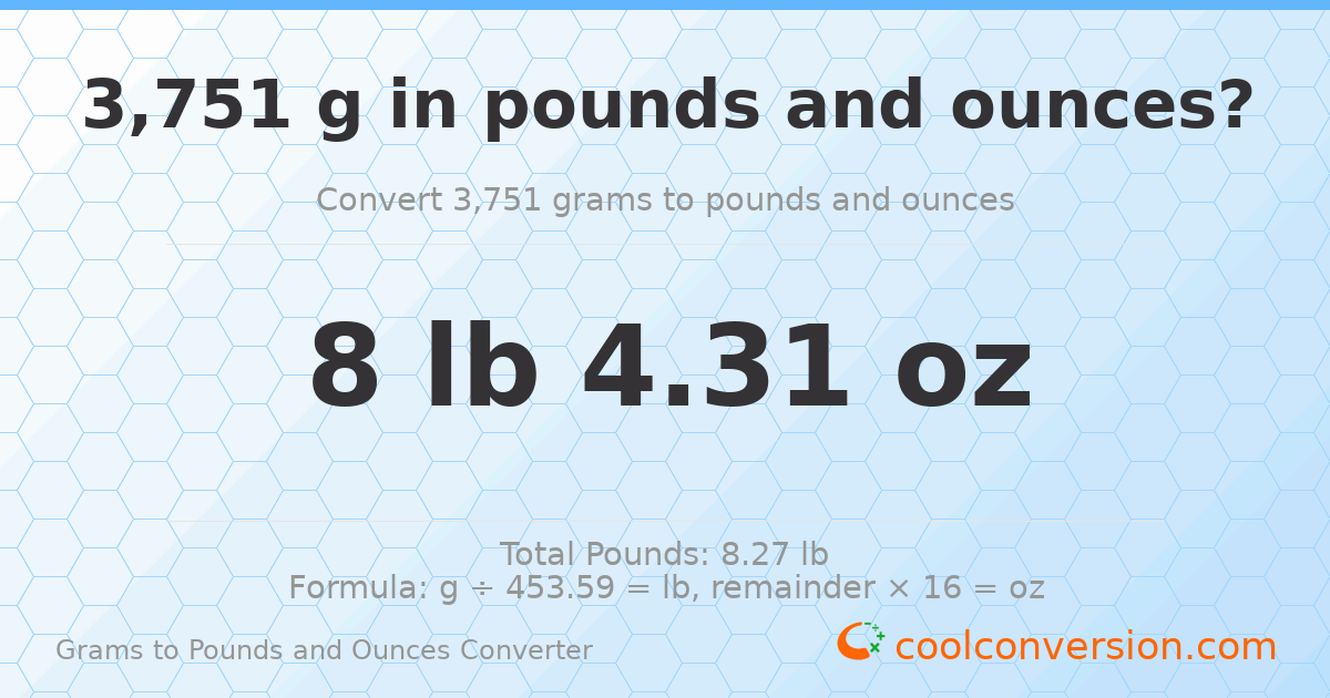 3751 g to lb and oz — 3751 g = 8 lb 4.31 oz