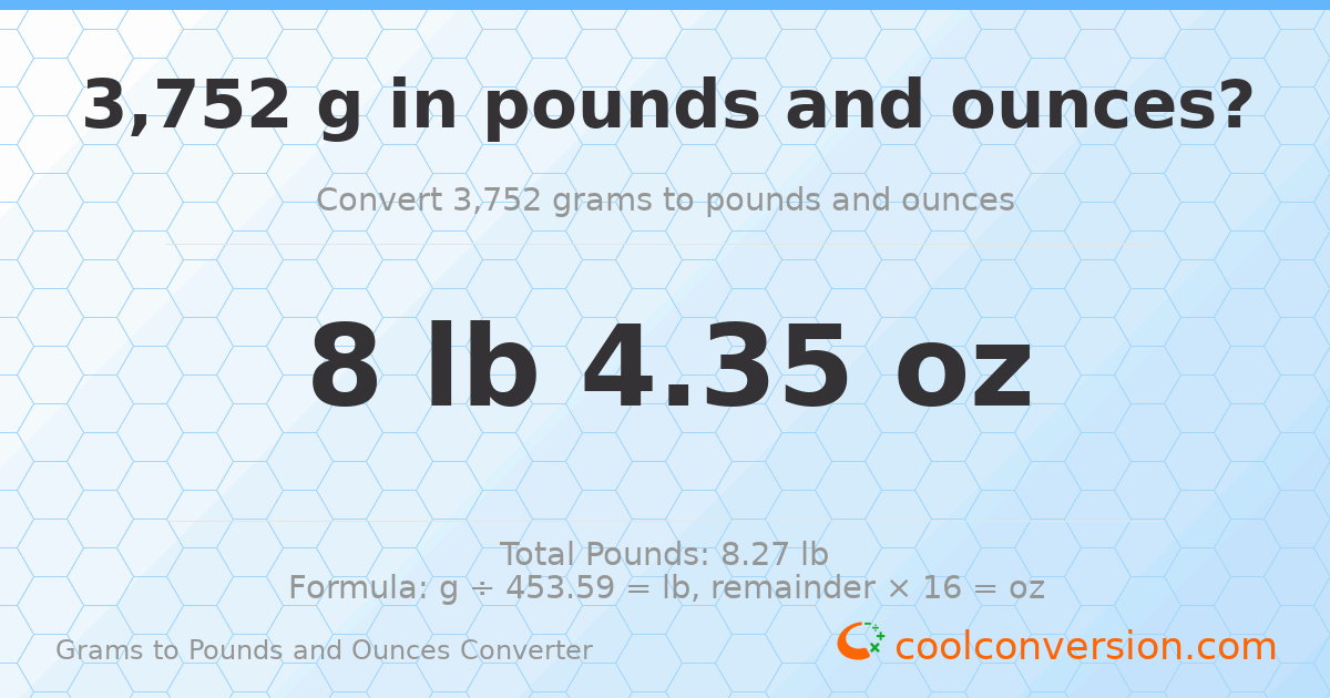 3752 g to lb and oz — 3752 g = 8 lb 4.35 oz