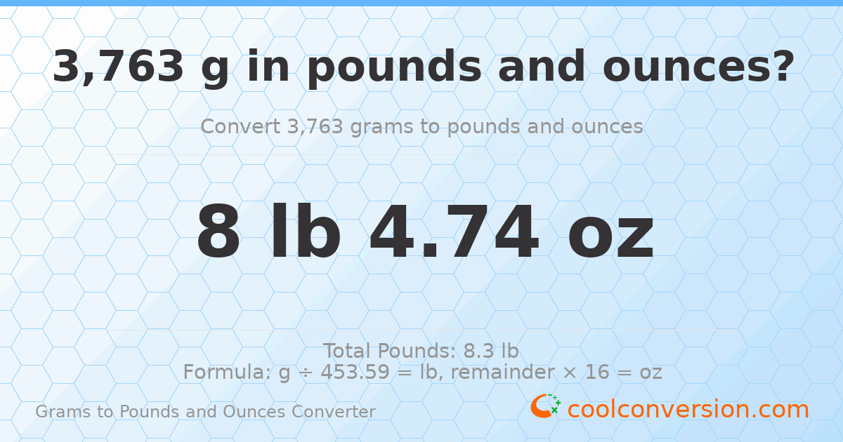 3763 g to lb and oz — 3763 g = 8 lb 4.74 oz