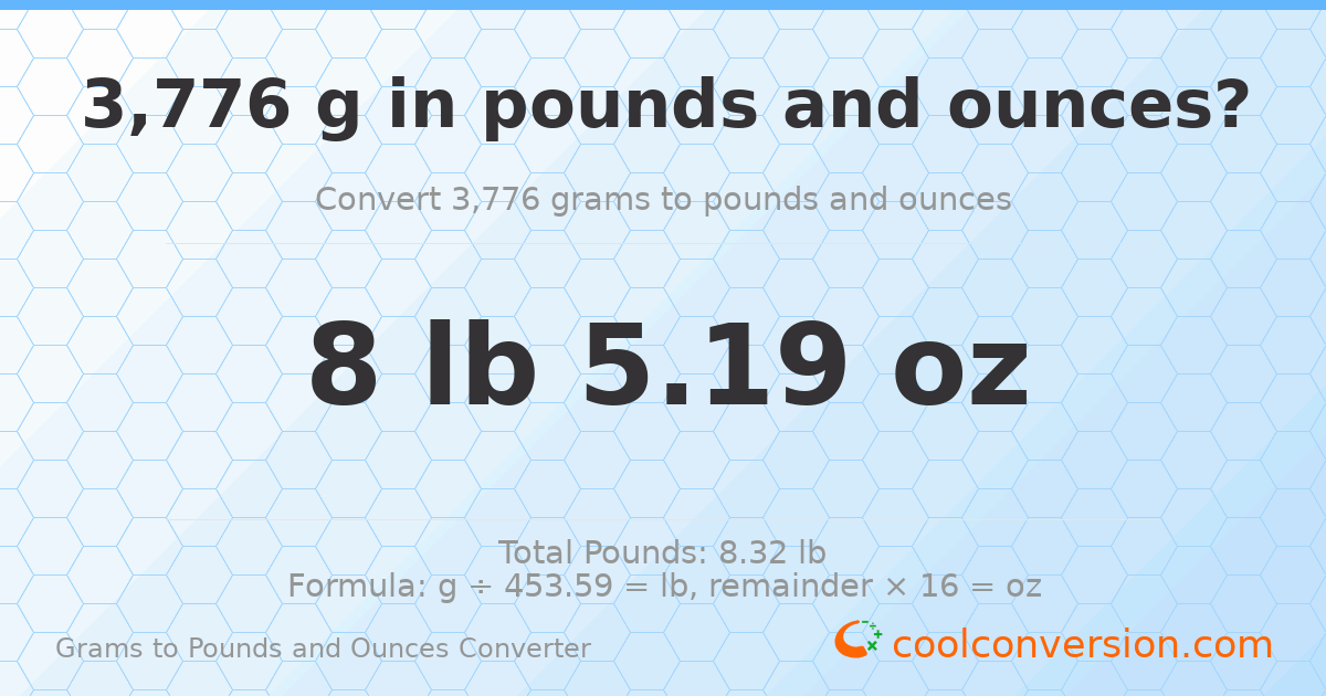 3776 g to lb and oz — 3776 g = 8 lb 5.19 oz