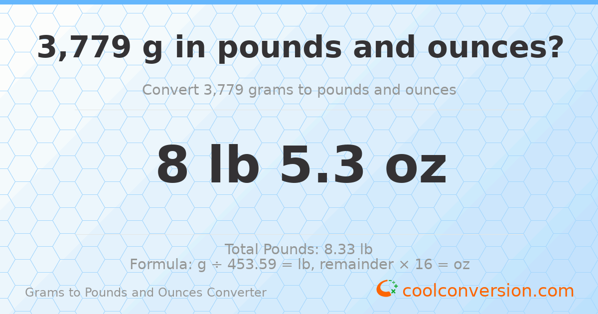 3779 g to lb and oz — 3779 g = 8 lb 5.3 oz