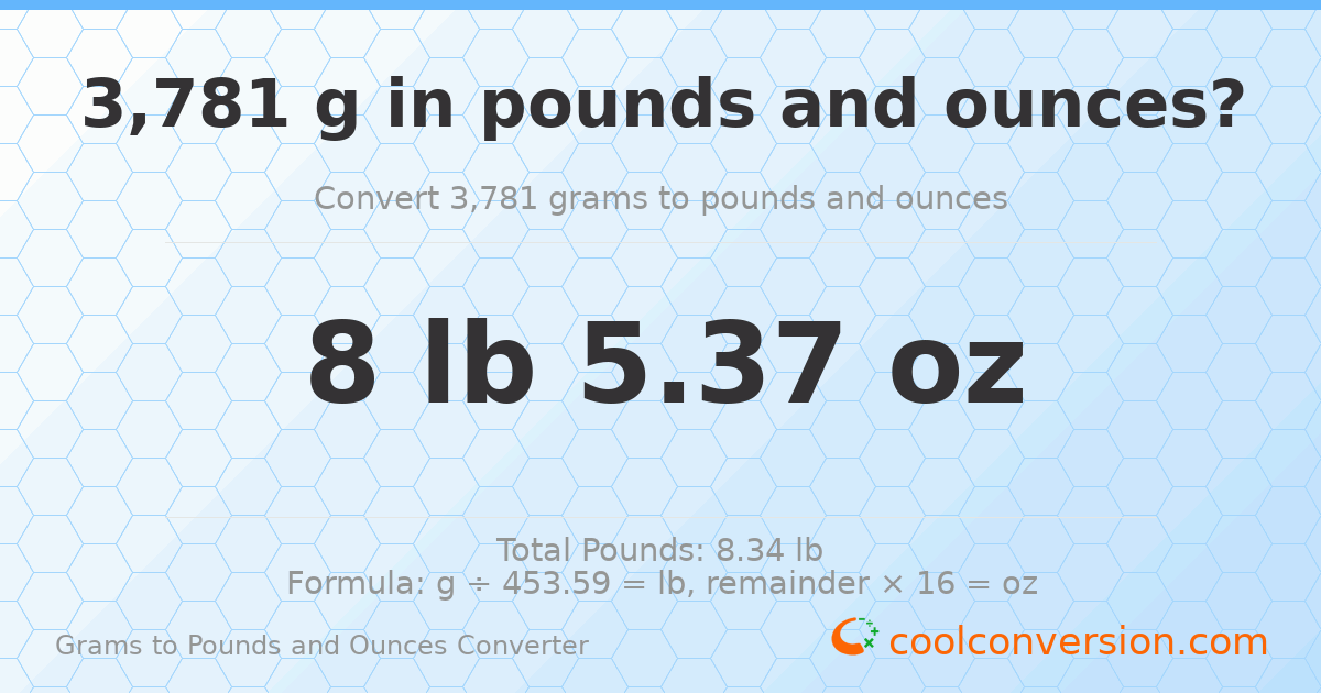3781 g to lb and oz — 3781 g = 8 lb 5.37 oz