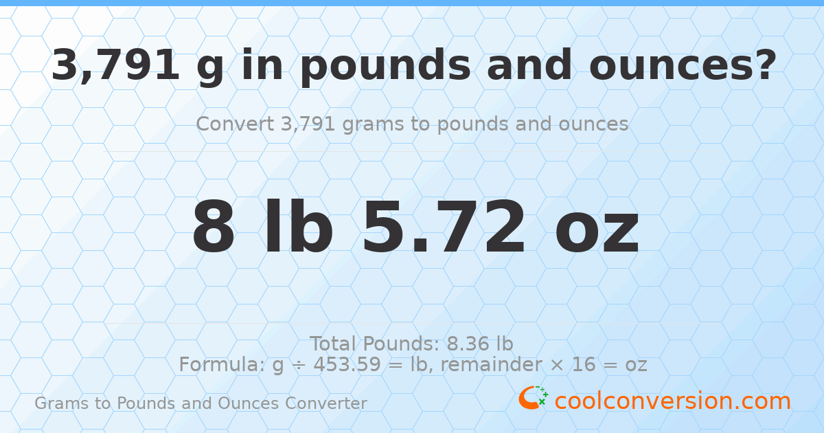 3791 g to lb and oz — 3791 g = 8 lb 5.72 oz