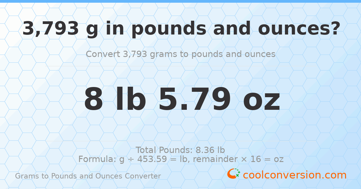 3793 g to lb and oz — 3793 g = 8 lb 5.79 oz