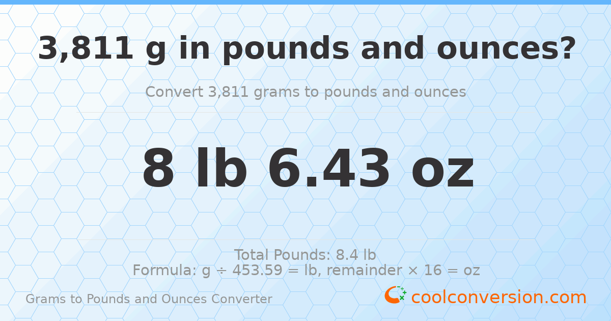 3811 g to lb and oz — 3811 g = 8 lb 6.43 oz