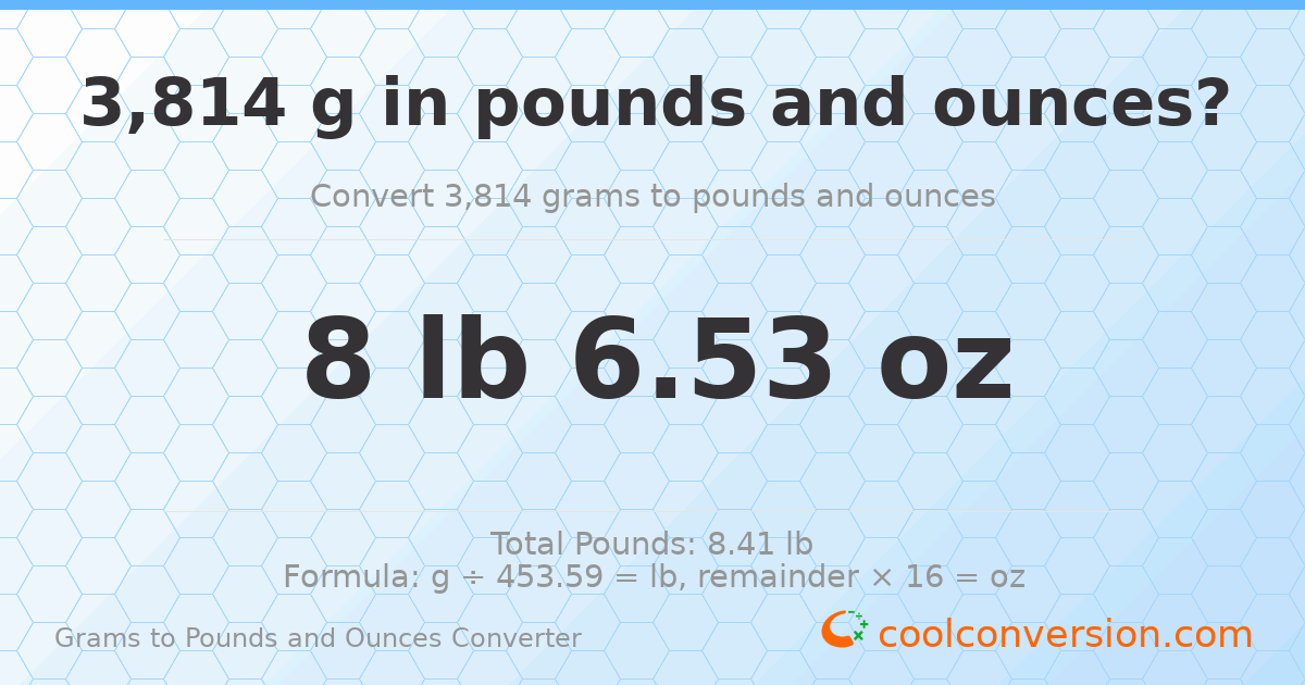 3814 g to lb and oz — 3814 g = 8 lb 6.53 oz