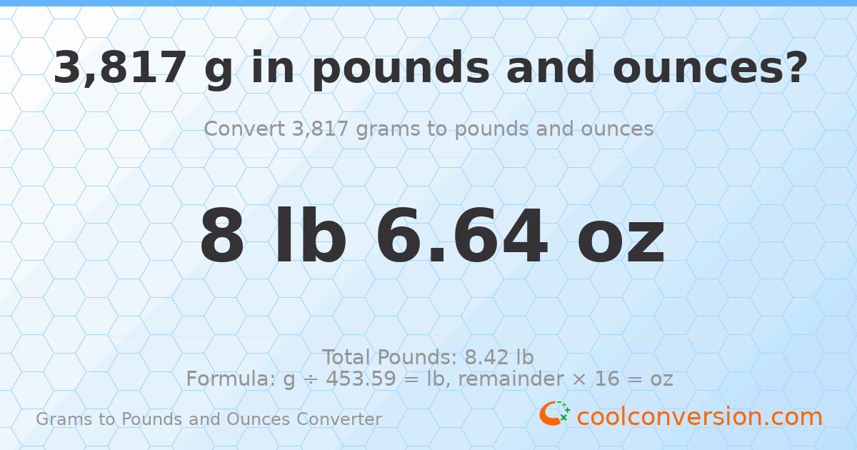 3817 g to lb and oz — 3817 g = 8 lb 6.64 oz